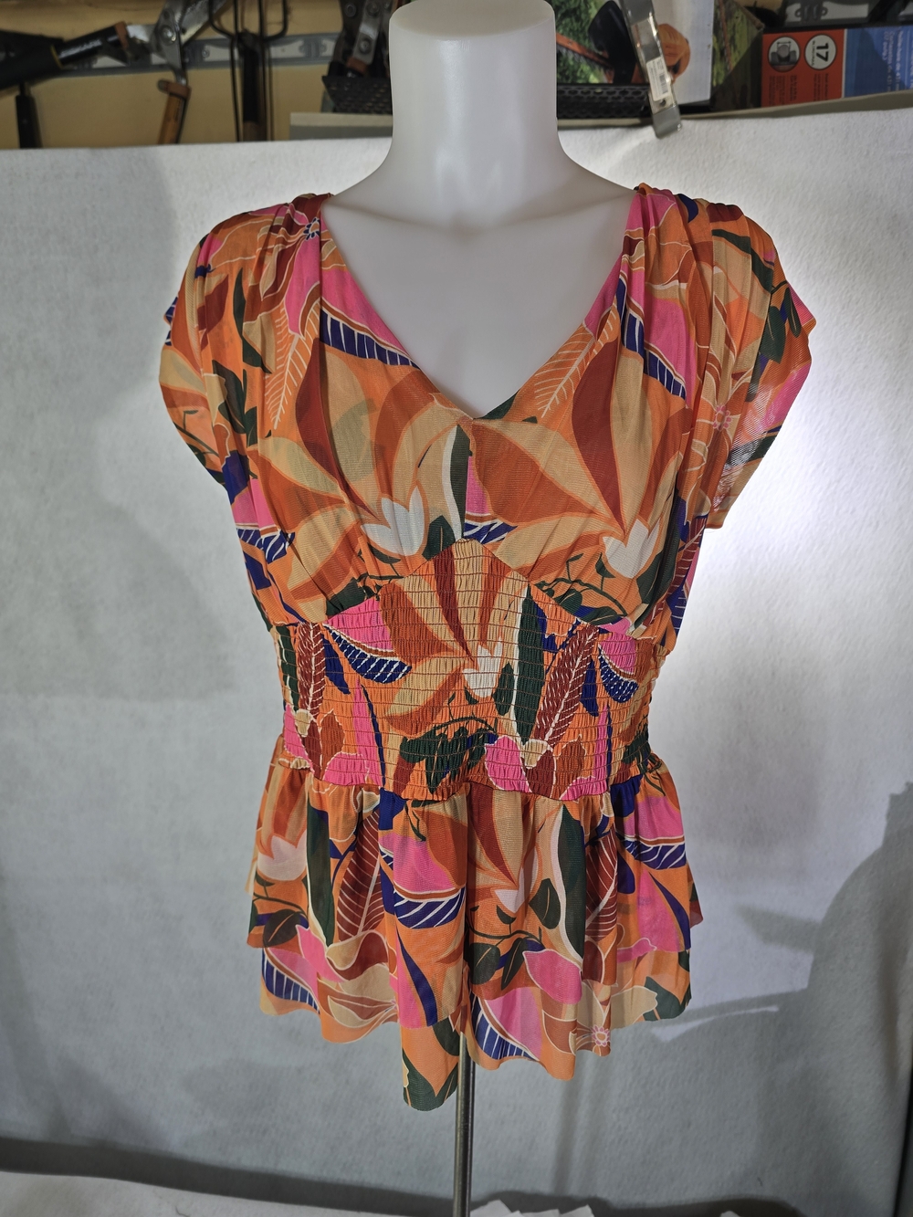 Floral V-Neck Smocked Peplum Blouse - Orange & Pink By DR2 Size M